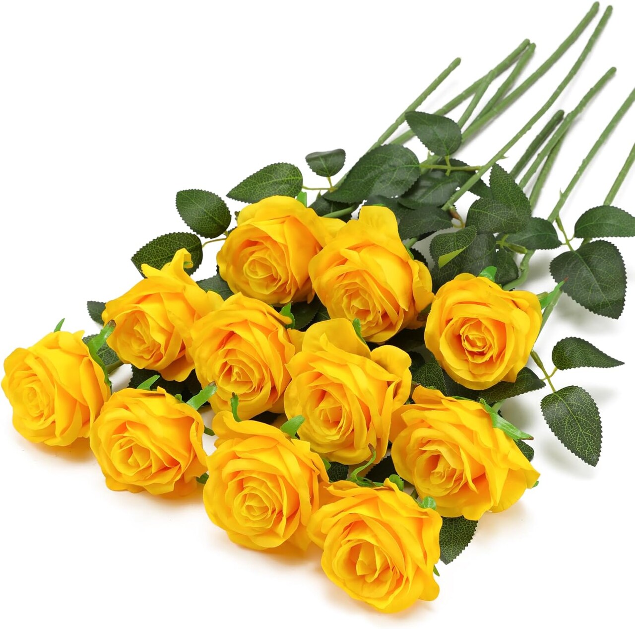 10 Pcs Fake Artificial Roses Silk Flowers with Stems (Yellow) 9.84"D x 7.78"W x 2.36"H